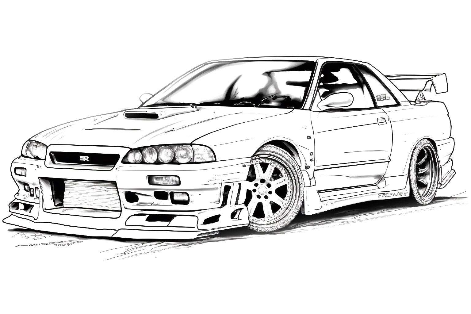 Черно-белые картинки для раскрашивания Nissan Skyline GT-R R33